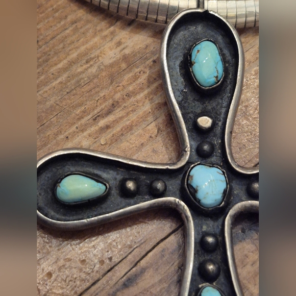 Huge Signed Navajo Sterling Turquoise Cross Pendant - Picture 5 of 10